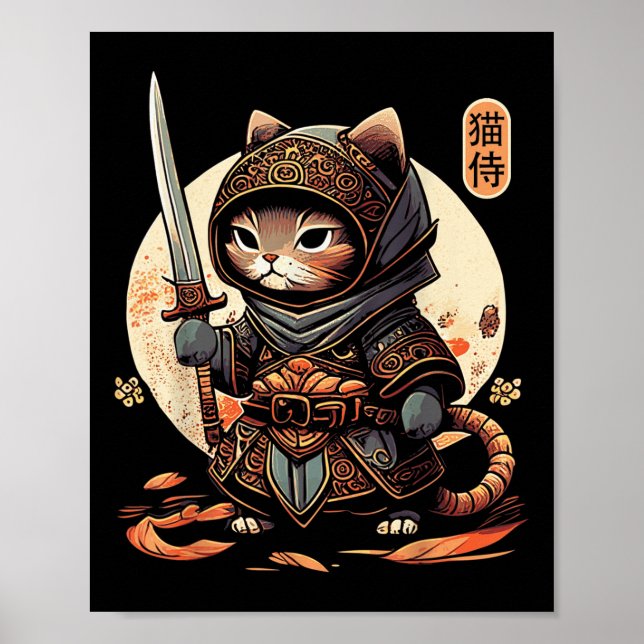 Affiche Japonais Samurai Chat Tattoo Kawaii Ninja Chat (Devant)