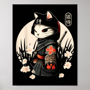 Affiche Japonais Samurai Chat Tattoo, Kawaii Ninja Chat _1