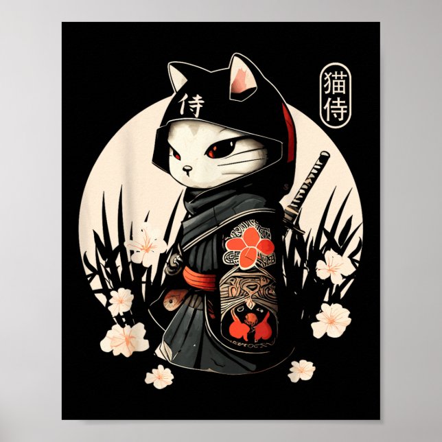 Affiche Japonais Samurai Chat Tattoo, Kawaii Ninja Chat _1 (Devant)