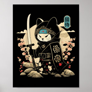 Affiche Japonais Samurai Chat Tattoo Kawaii Ninja Chat _1