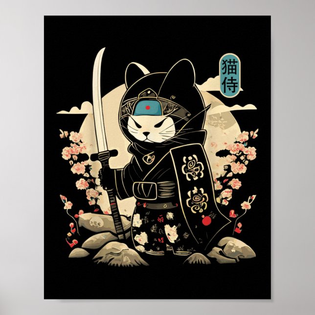Affiche Japonais Samurai Chat Tattoo Kawaii Ninja Chat _1 (Devant)