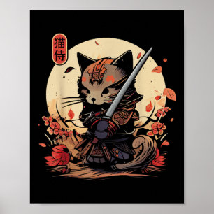 Affiche Japonais Samurai Chat Tattoo, Kawaii Ninja Chat _2