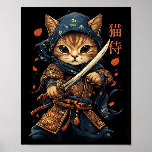 Affiche Japonais Samurai Chat Tattoo Kawaii Ninja Chat Cha