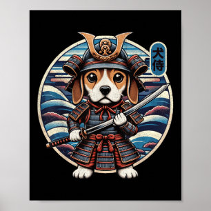 Affiche Japonais Samurai Chien Tattoo, Beagle Kawaii Ninja