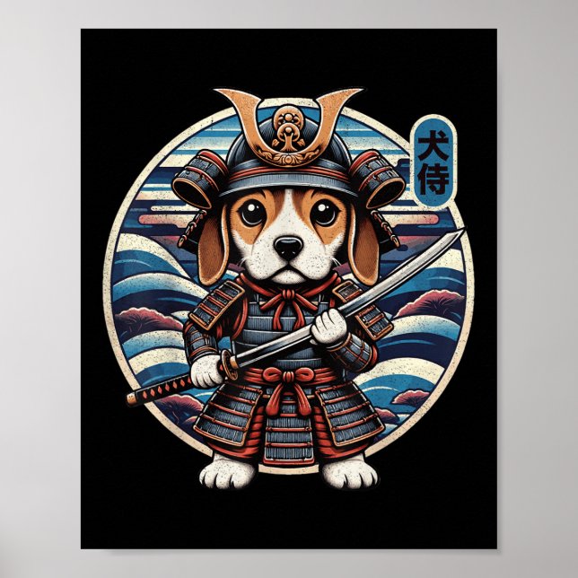Affiche Japonais Samurai Chien Tattoo, Beagle Kawaii Ninja (Devant)