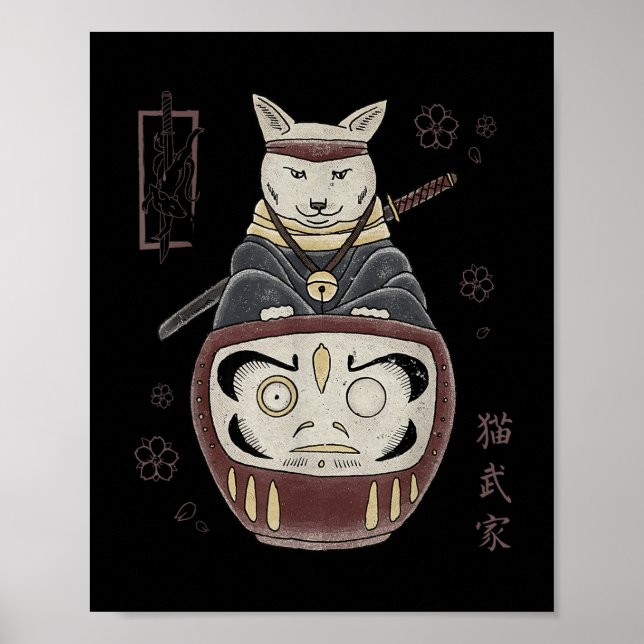 Affiche Japonais Samurai Ninja Chat Sur Daruma Traditionne (Devant)