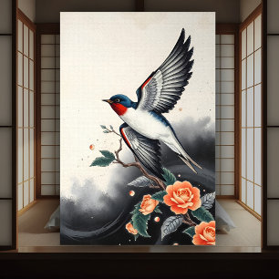 Affiche Japonais traditionnel Élégant Vol Avales Oiseau