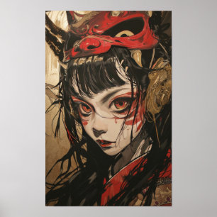 Affiche Japonaise Anime Girl avec Pos de Masque Oni Rouge