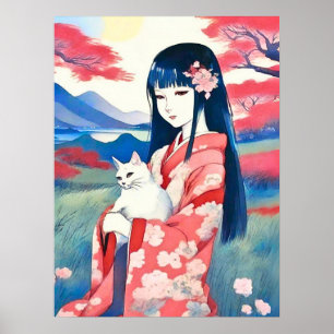 Affiche Japonaise avec un chat blanc