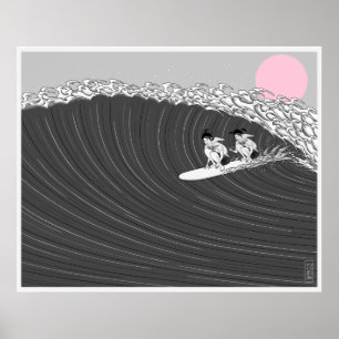 affiche japonaise de surf de coucher du soleil