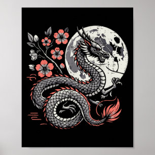 Affiche Japonaise Dragon Sakura Lune Cerise Fleur Hommes F