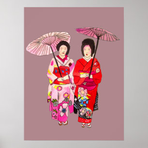 Affiche Japonaise Geisha filles avec parapluie art origina