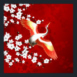 Affiche Japonaise Grue Blanc Cerisier Fleur Rouge<br><div class="desc">Grue élégante et cerisiers blancs fleurissent sur un arrière - plan rouge chatoyant. Beau design japonais.</div>