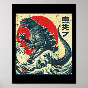 Affiche Japonaise Kaiju Monster Vagues Retro Ukiyo Art Fem