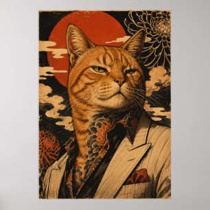 Affiche japonaise vintage Cat Samurai 