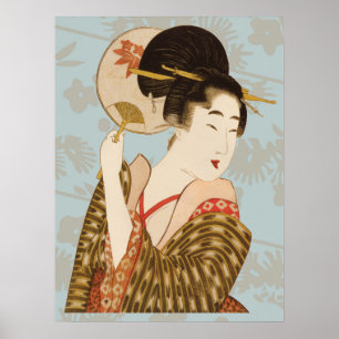 Affiche Japonaise vintage Geisha Girl en Kimono avec venti