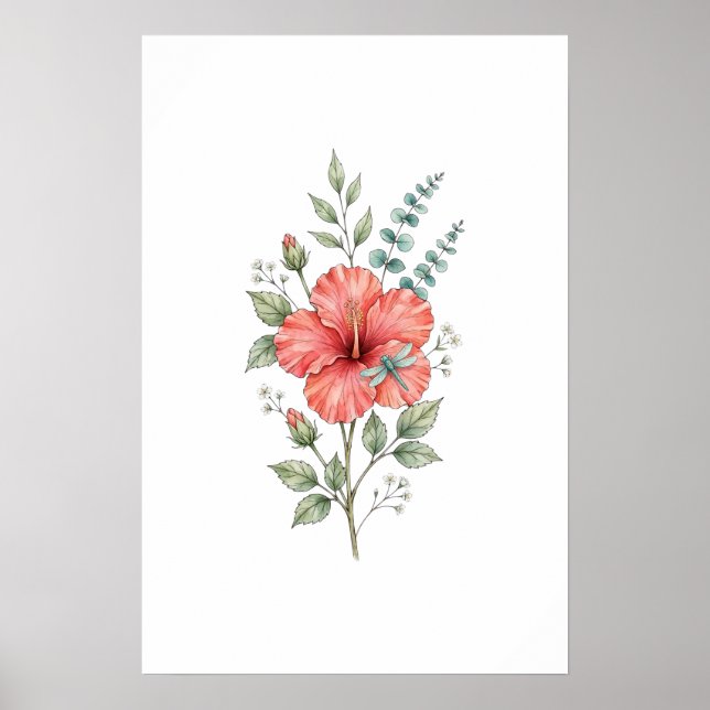 Affiche Jardin à l'aquarelle de l'hibiscus de la libellule (Devant)