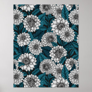 Affiche Jardin blanc Dahlia / feuilles bleus 2