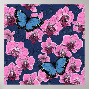 Affiche Jardin botanique d'orchidées avec papillons