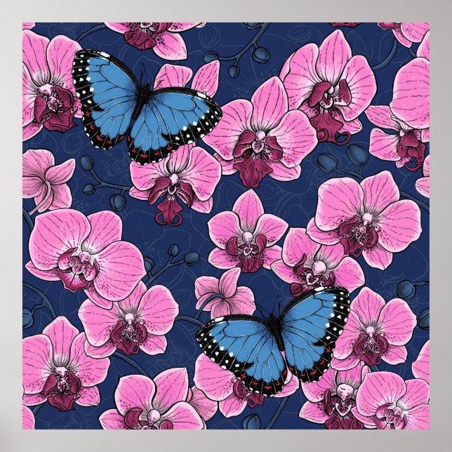 Affiche Jardin botanique d'orchidées avec papillons (Devant)