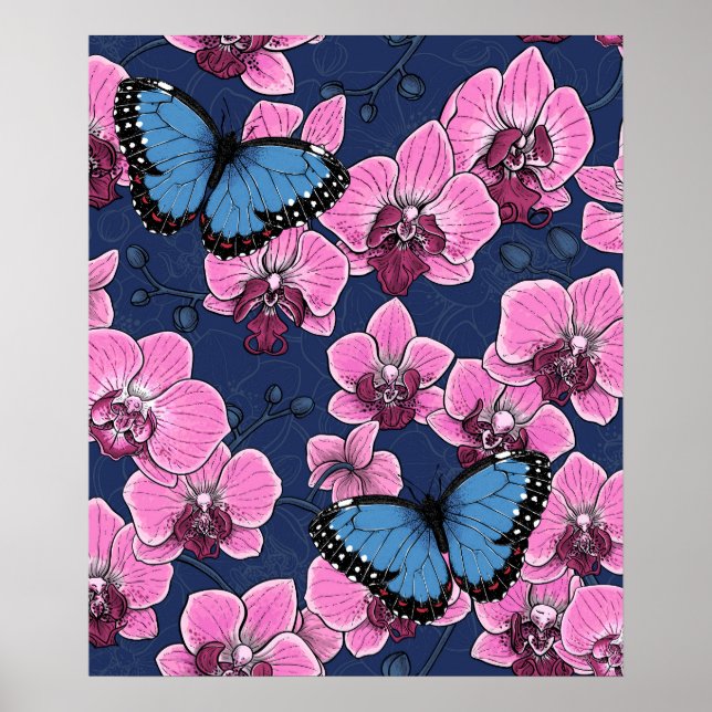 Affiche Jardin botanique d'orchidées avec papillons (Devant)