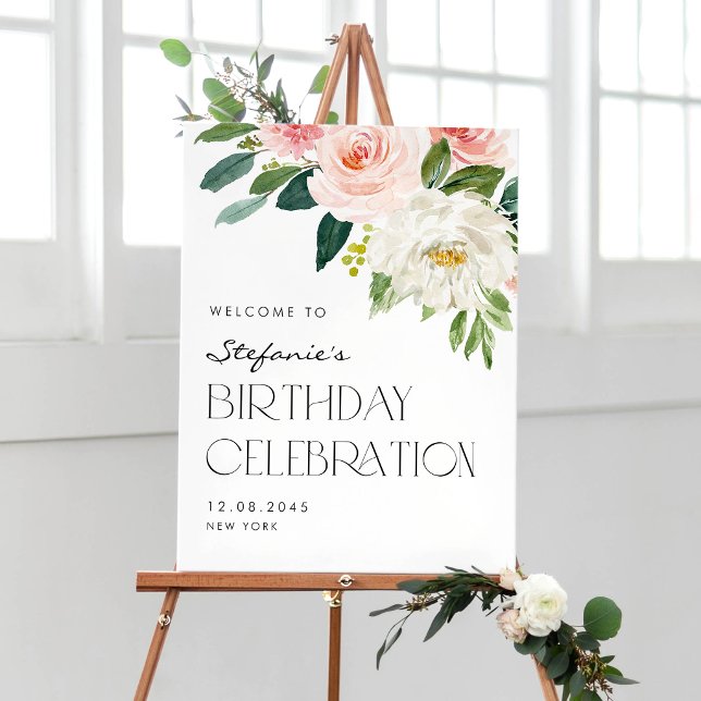 Affiche Jardin Botanique Fleurs Roses et Blanches Annivers (Welcome guests with this watercolor blush and white floral birthday party welcome sign.)
