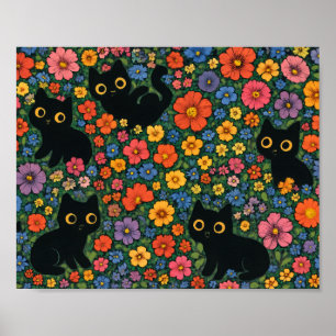 Affiche Jardin d'art Kawaii Motif floral de chat noir mi
