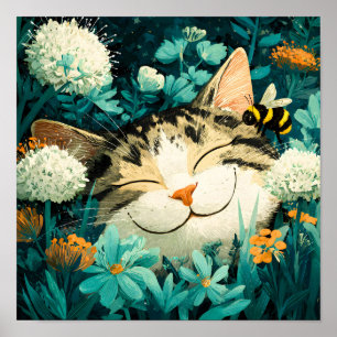 Affiche Jardin de fleurs de chat endormi aquarelle abeille