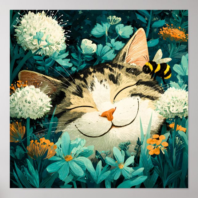 Affiche Jardin de fleurs de chat endormi aquarelle abeille (Devant)