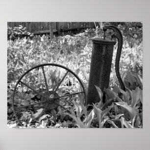 Affiche Jardin de fleurs de roue de pompe rouillée noir et