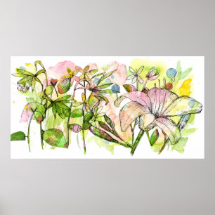 Affiche Jardin de fleurs d'hémérocalle rose - Encre et aqu