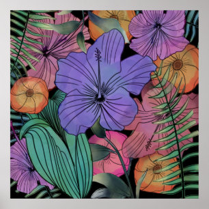 Affiche Jardin de fleurs tropicale hibiscus violet clair