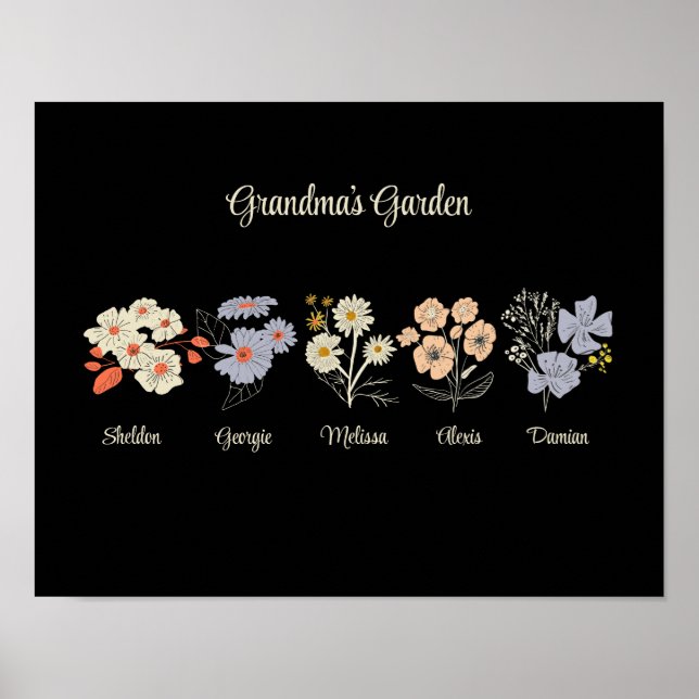 Affiche Jardin de grand-mère Fleur personnalisé 5 noms Flo (Devant)