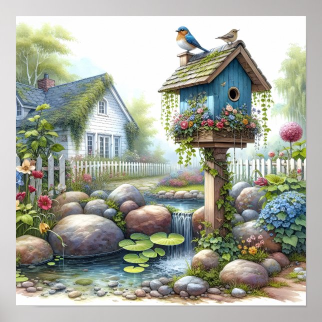 Affiche Jardin de maisonnette à l'aquarelle avec nichoir à (Devant)