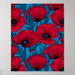Affiche Jardin de pavot rouge sur bleu