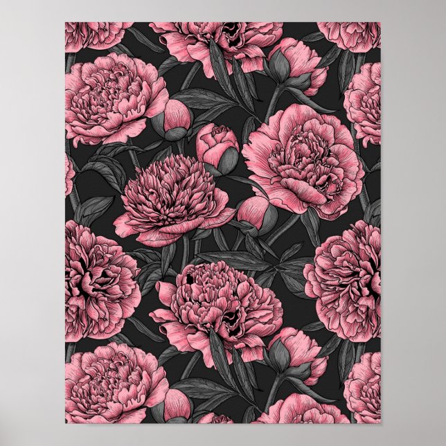 Affiche Jardin de pivoine nocturne rose et gris (Devant)