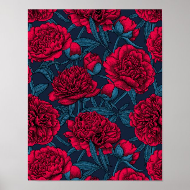 Affiche Jardin de pivoine rouge sur bleu foncé (Devant)