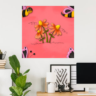 Affiche Jardin de printemps mignon de l'abeille et rose fl