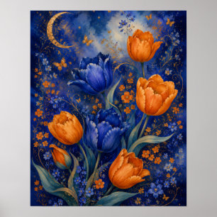 AFFICHE JARDIN DE TULIPES AMBRE BLEU AU CLAIR DE LUNE