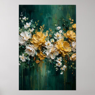 Affiche Jardin d'or émeraude - Fleurs blanches et dorées 