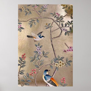 Affiche Jardin d'or métallique Chinoiserie avec oiseaux ch