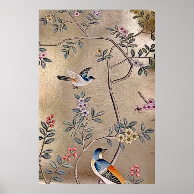 Affiche Jardin d'or métallique Chinoiserie avec oiseaux ch (Devant)