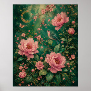 AFFICHE JARDIN ÉMERAUDE DORÉ ROSES D'OISEAU-MOUCHARD II