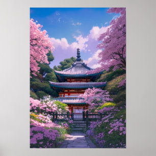 Affiche Jardin en fleurs de cerisier et temple en bois