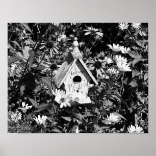 Affiche Jardin Fleur Maison Oiseau Noir Et Blanc