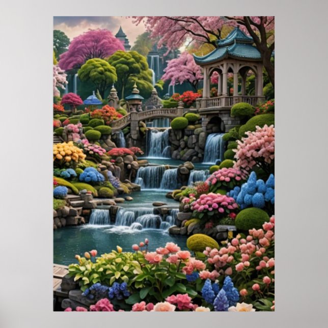Affiche Jardin fleuri coloré avec cascades (Devant)