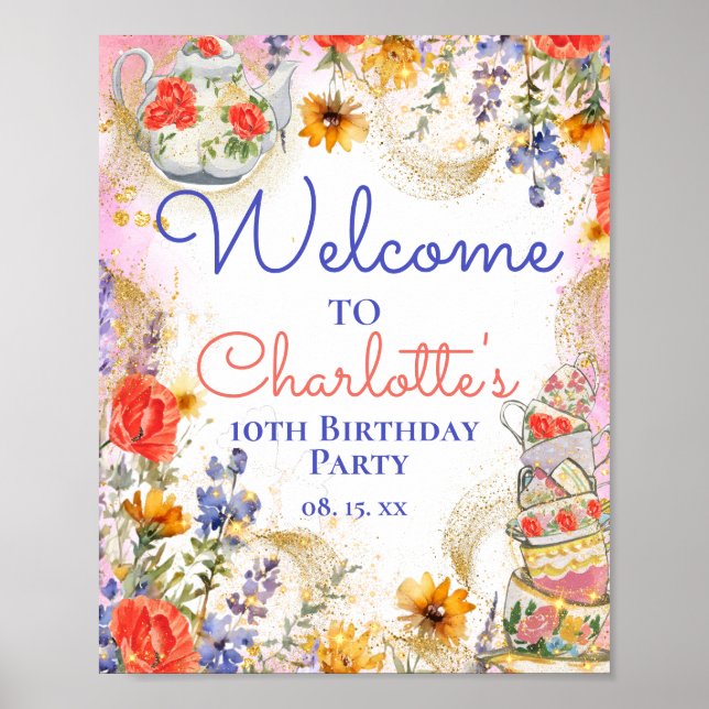 Affiche Jardin fleuri coloré Tea Party Anniversaire Bienve (Devant)