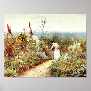 AFFICHE JARDIN FLEURI PAYSAGER FEMME VINTAGE