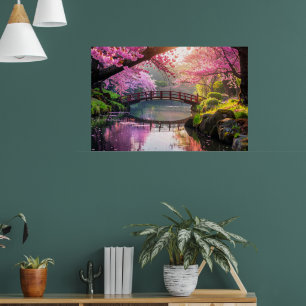 Affiche Jardin japonais, saison des cerisiers en fleurs.