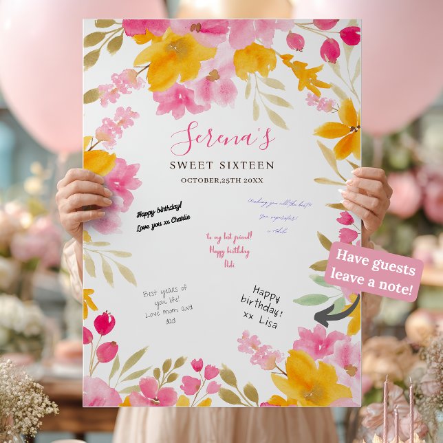 Affiche Jardin jaune rose fleuri Sweet 16 Panneau de signa (Garden yellow pink floral Sweet 16 Signing Board Poster)